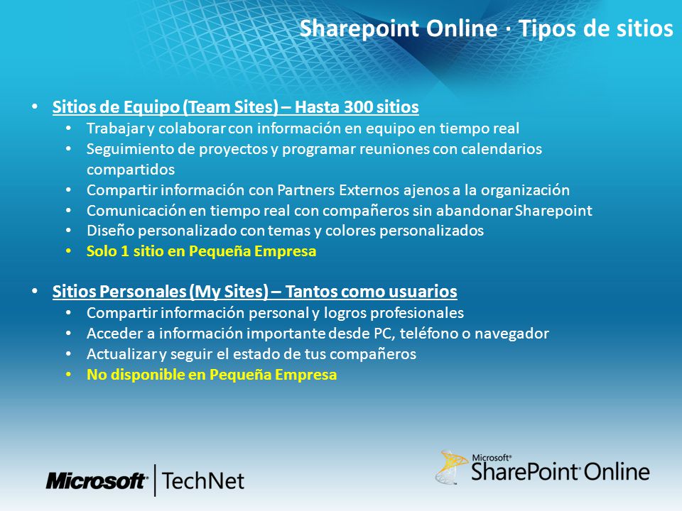 Sharepoint Online · Tipos de sitios