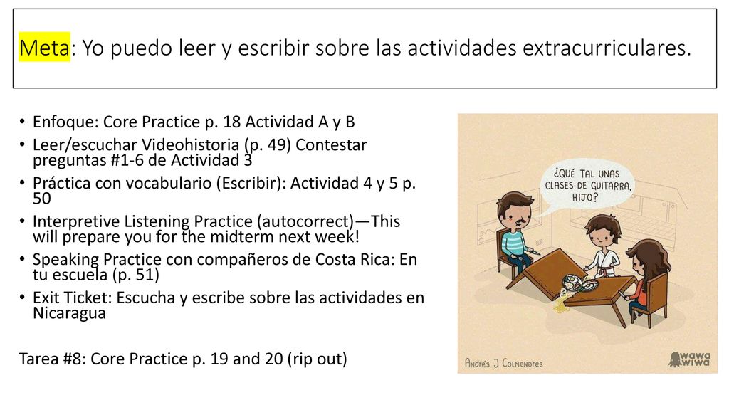 Meta: Yo puedo leer y escribir sobre las actividades extracurriculares.