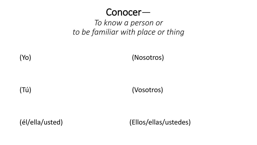 Conocer— To know a person or to be familiar with place or thing
