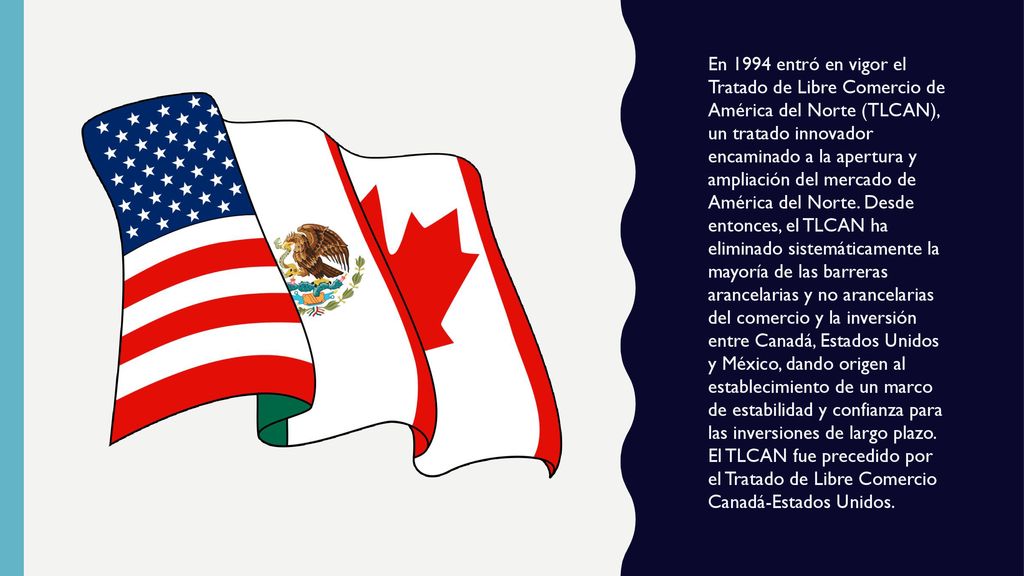 En 1994 entró en vigor el Tratado de Libre Comercio de América del Norte (TLCAN), un tratado innovador encaminado a la apertura y ampliación del mercado de América del Norte.
