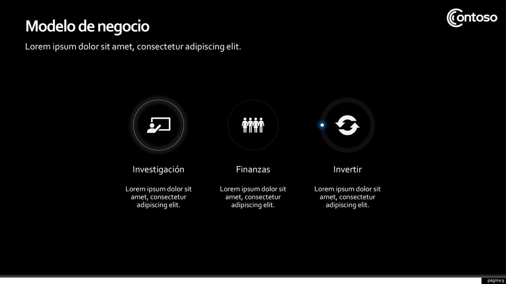 Modelo de negocio Lorem ipsum dolor sit amet, consectetur adipiscing elit. Investigación. Finanzas.