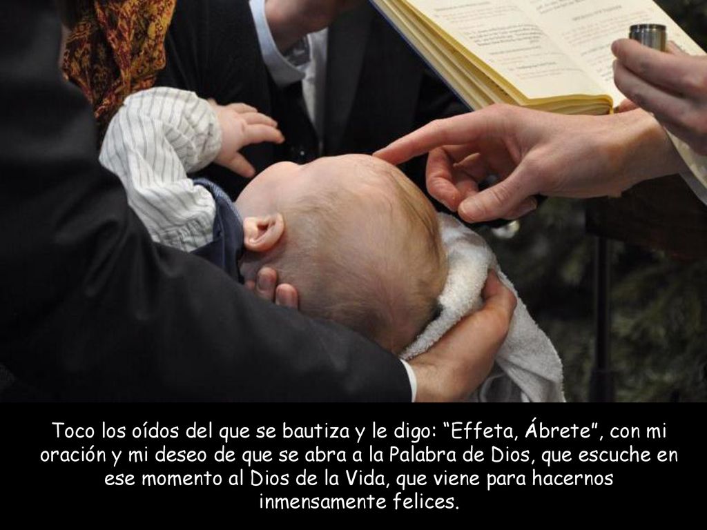 Toco los oídos del que se bautiza y le digo: Effeta, Ábrete , con mi oración y mi deseo de que se abra a la Palabra de Dios, que escuche en ese momento al Dios de la Vida, que viene para hacernos inmensamente felices.