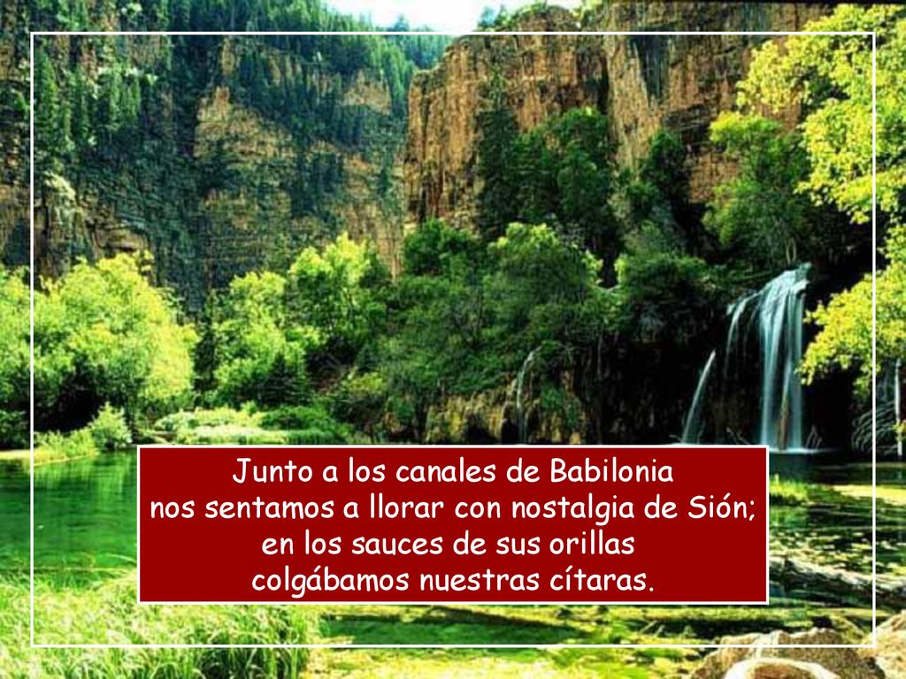 Junto a los canales de Babilonia nos sentamos a llorar con nostalgia de Sión; en los sauces de sus orillas colgábamos nuestras cítaras.