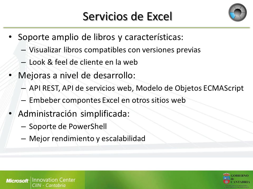Servicios de Excel Soporte amplio de libros y características: