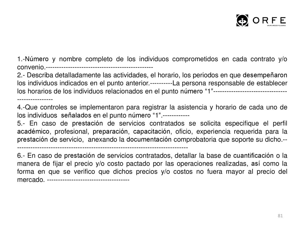 1.-Número y nombre completo de los individuos comprometidos en cada contrato y/o convenio