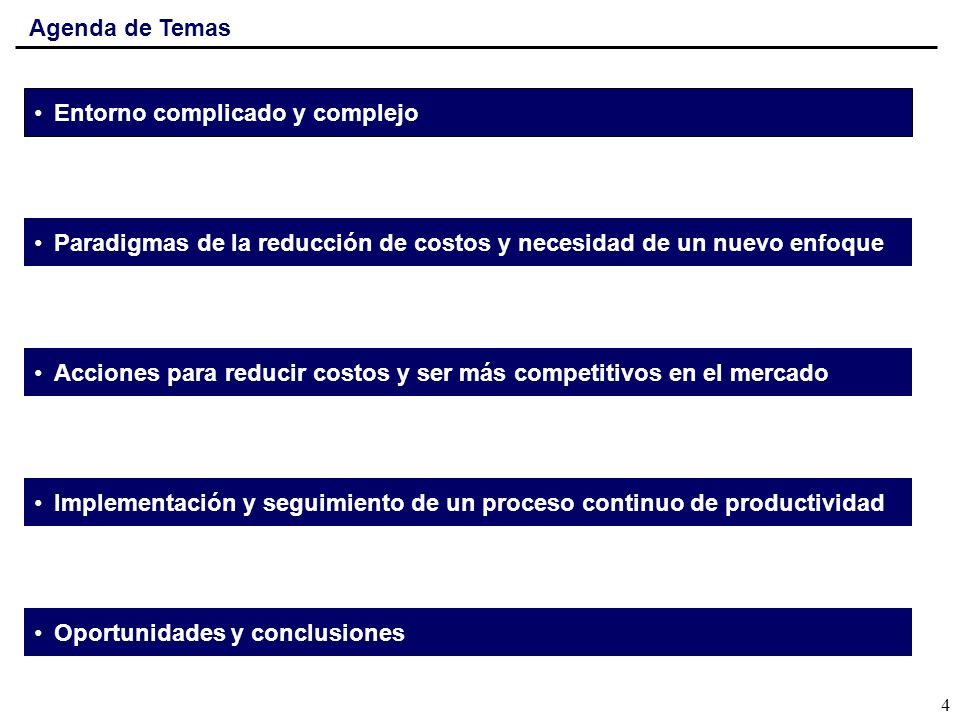 Agenda de Temas Entorno complicado y complejo. Paradigmas de la reducción de costos y necesidad de un nuevo enfoque.