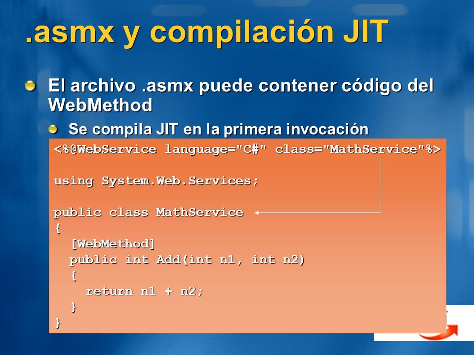 .asmx y compilación JIT El archivo .asmx puede contener código del WebMethod. Se compila JIT en la primera invocación.