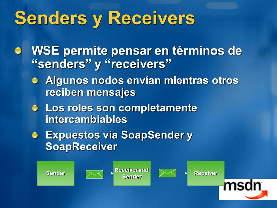 Senders y Receivers WSE permite pensar en términos de senders y receivers Algunos nodos envían mientras otros reciben mensajes.