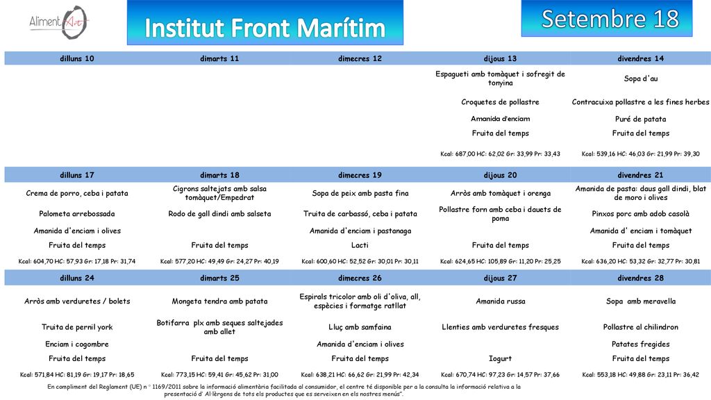 Setembre 18 Institut Front Marítim dilluns 10 dimarts 11 dimecres 12