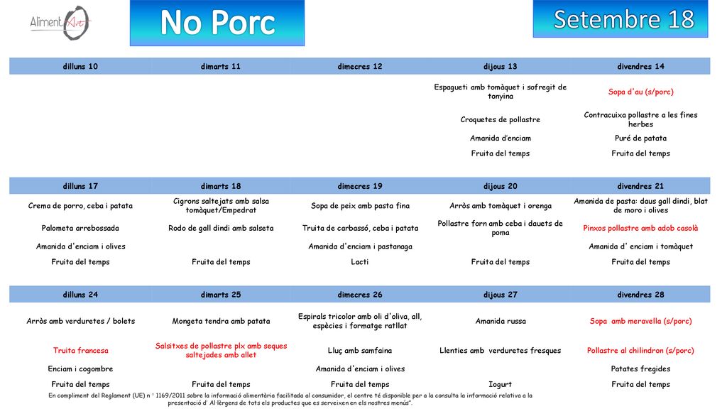 No Porc Setembre 18 dilluns 10 dimarts 11 dimecres 12 dijous 13