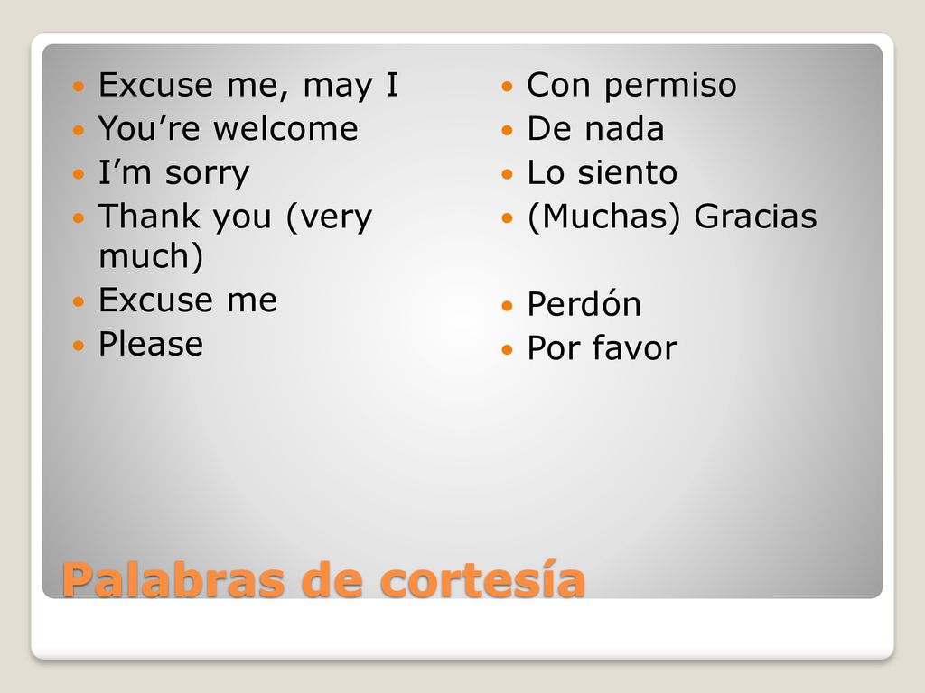 Palabras de cortesía Excuse me, may I You’re welcome I’m sorry