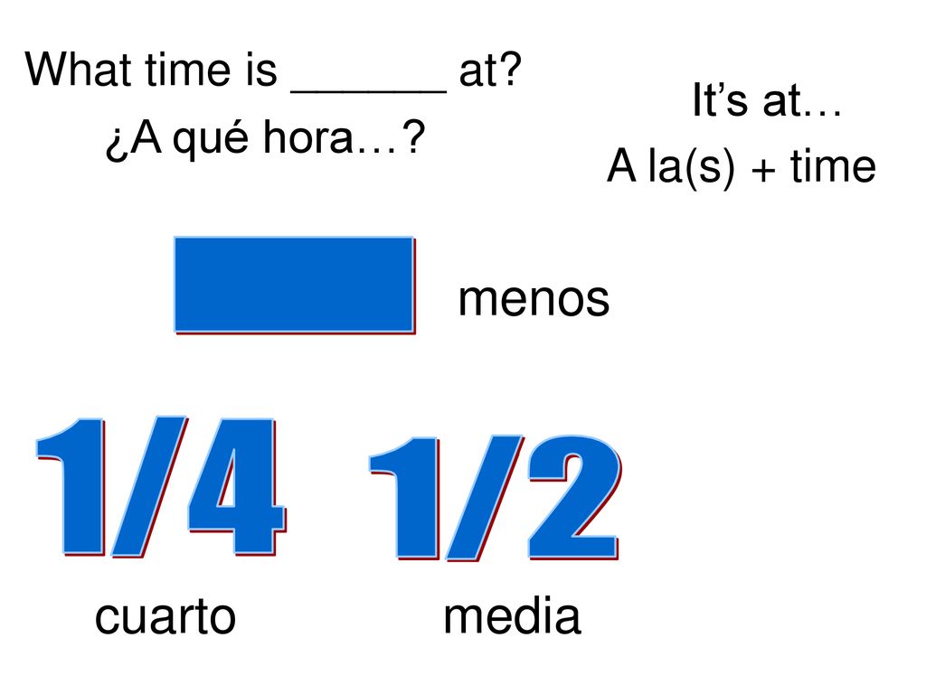 - menos cuarto media What time is ______ at It’s at… ¿A qué hora…