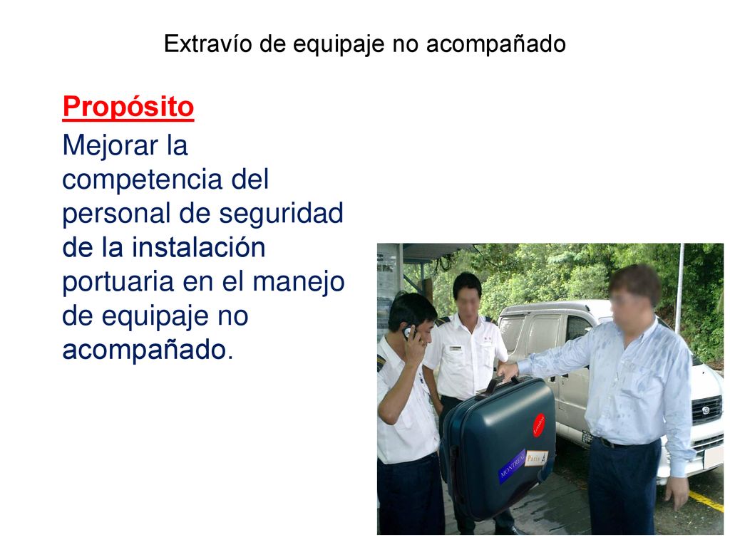 Propósito Mejorar la competencia del personal de seguridad de la instalación portuaria en el manejo de equipaje no acompañado.