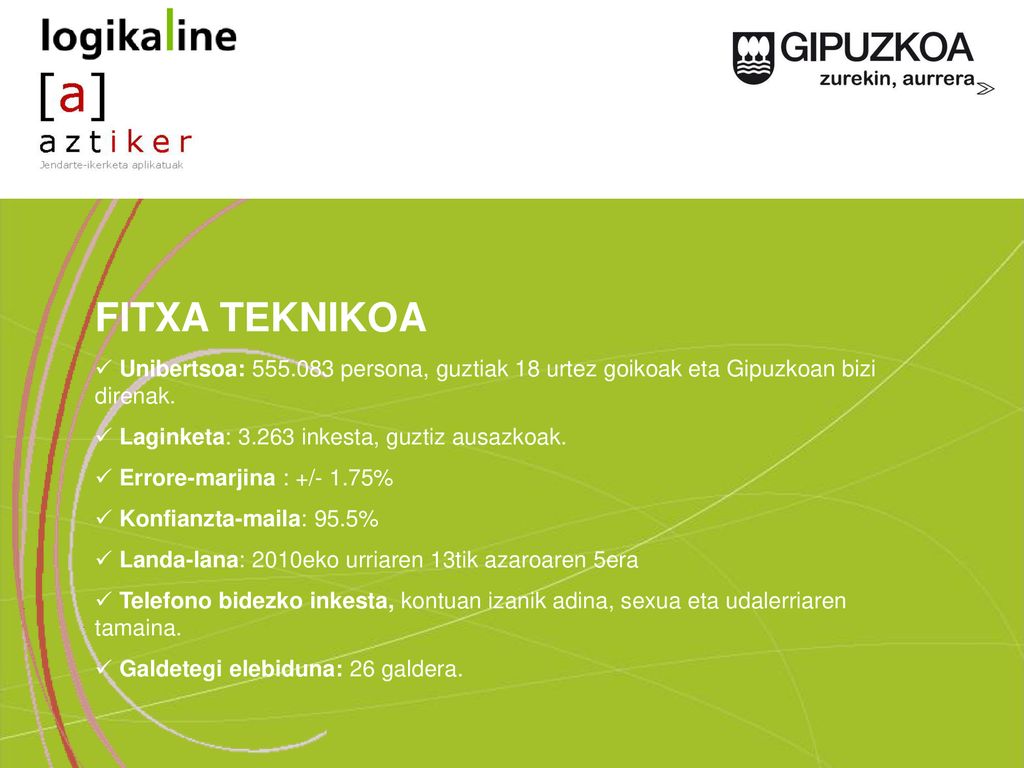 FITXA TEKNIKOA Unibertsoa: persona, guztiak 18 urtez goikoak eta Gipuzkoan bizi direnak. Laginketa: inkesta, guztiz ausazkoak.