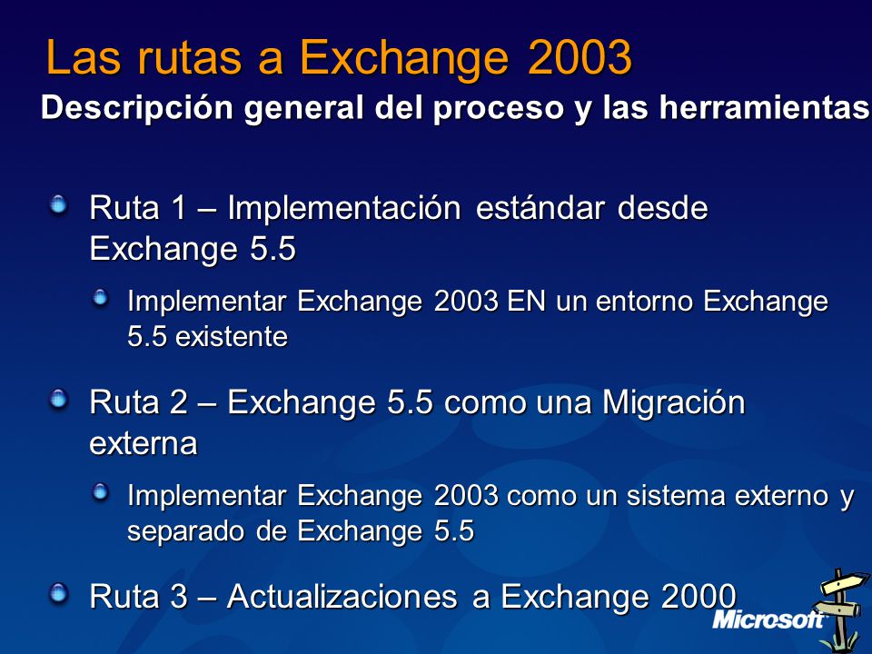 Las rutas a Exchange 2003 Descripción general del proceso y las herramientas. Ruta 1 – Implementación estándar desde Exchange 5.5.