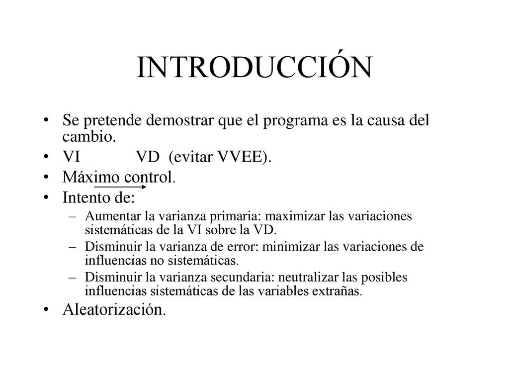 INTRODUCCIÓN Se pretende demostrar que el programa es la causa del cambio. VI VD (evitar VVEE).