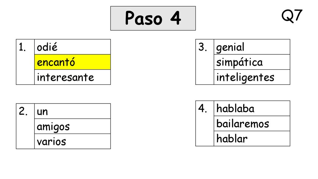 Paso 4 Q7 1. odié encantó interesante 3. genial simpática inteligentes