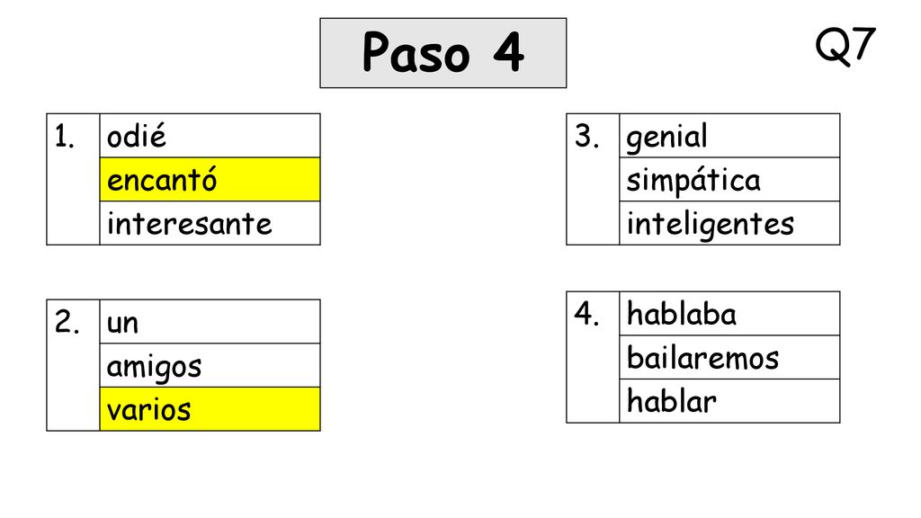 Paso 4 Q7 1. odié encantó interesante 3. genial simpática inteligentes