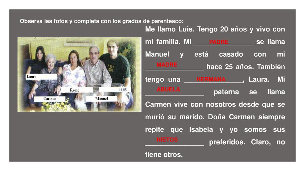 Observa las fotos y completa con los grados de parentesco: