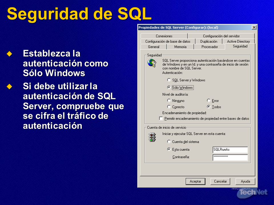 Seguridad de SQL Establezca la autenticación como Sólo Windows