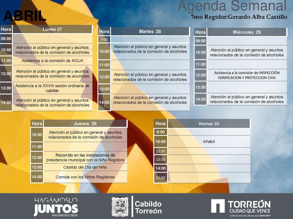Agenda Semanal ABRIL Cabildo Torreón 7mo Regidor:Gerardo Alba Castillo