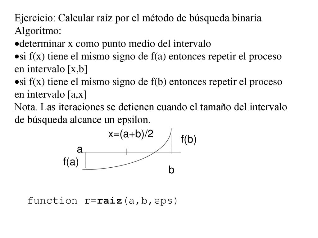 Ejercicio: Calcular raíz por el método de búsqueda binaria