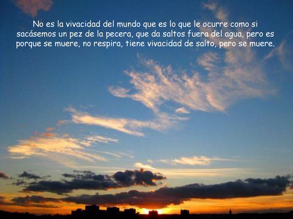 No es la vivacidad del mundo que es lo que le ocurre como si sacásemos un pez de la pecera, que da saltos fuera del agua, pero es porque se muere, no respira, tiene vivacidad de salto, pero se muere.