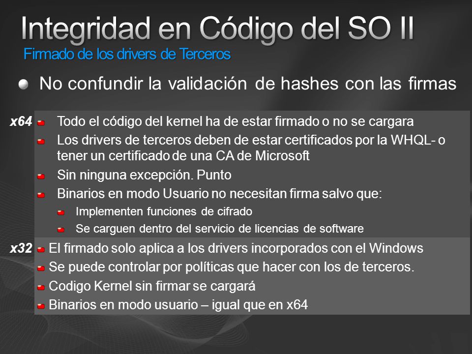 Integridad en Código del SO II Firmado de los drivers de Terceros