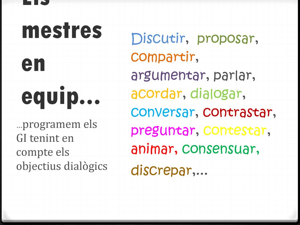 Discutir, proposar, compartir, argumentar, parlar, acordar, dialogar, conversar, contrastar, preguntar, contestar, animar, consensuar,