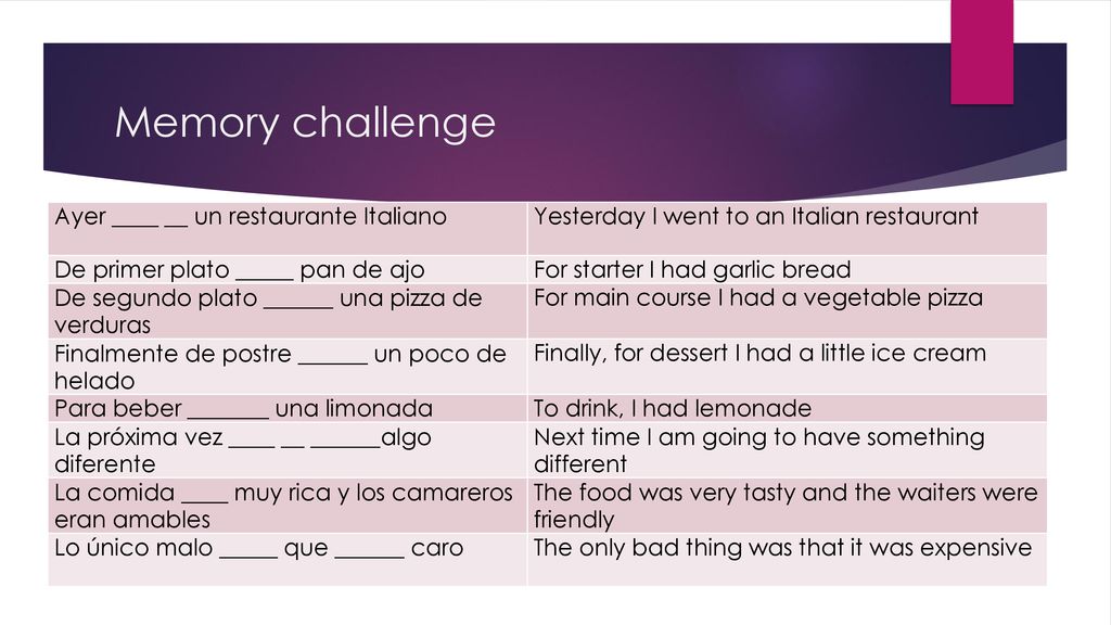 Memory challenge Ayer ____ __ un restaurante Italiano