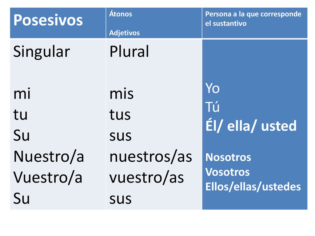 Posesivos Singular mi tu Su Nuestro/a Vuestro/a Plural mis tus sus