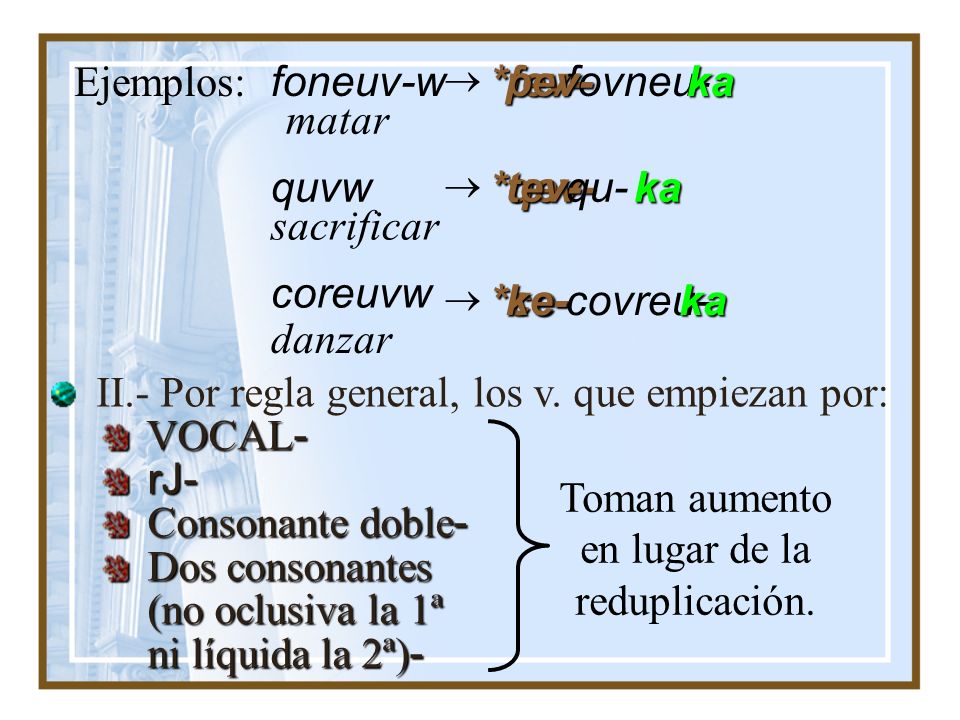 Ejemplos: foneuv-w *fev- pev- fovneu- ka matar quvw *qev- tev- qu- ka
