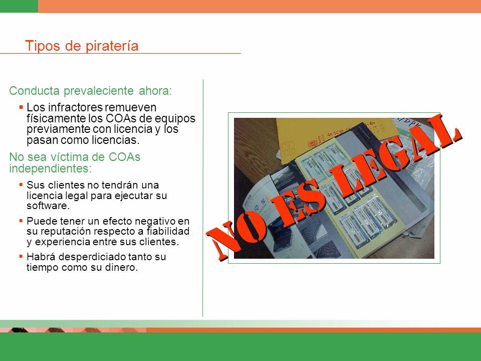 NO es LEGAL Tipos de piratería Conducta prevaleciente ahora: