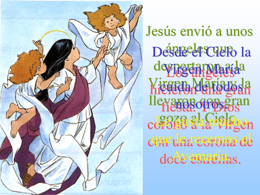 Jesús envió a unos ángeles que despertaron a la Virgen María y la llevaron con gran gozo al Cielo.