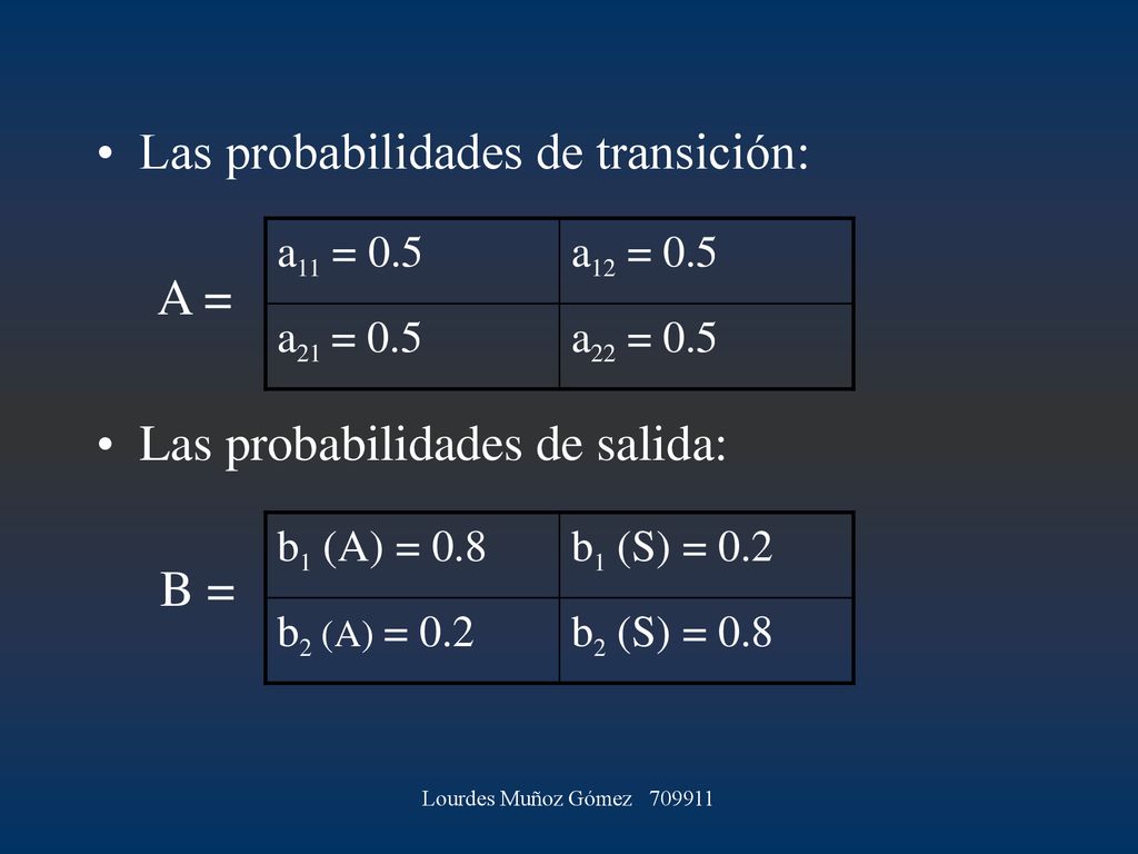 Las probabilidades de transición: A = Las probabilidades de salida: