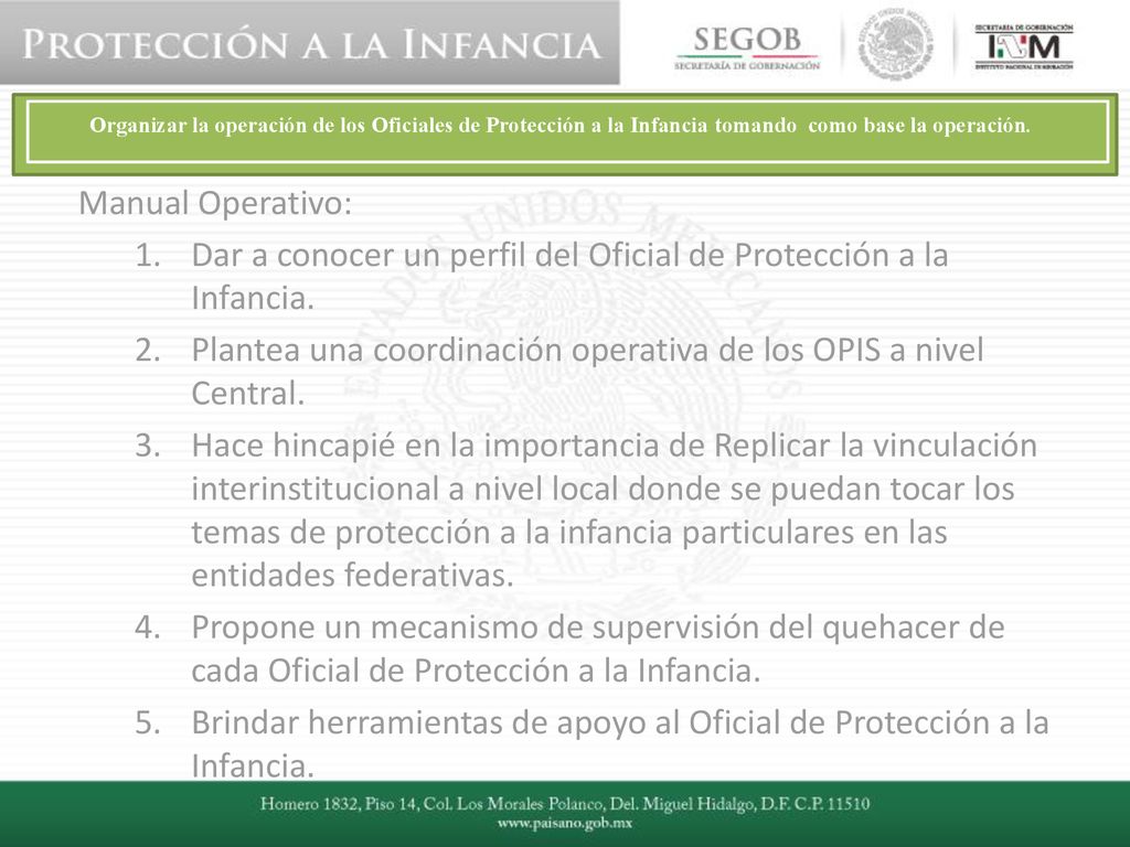 Dar a conocer un perfil del Oficial de Protección a la Infancia.