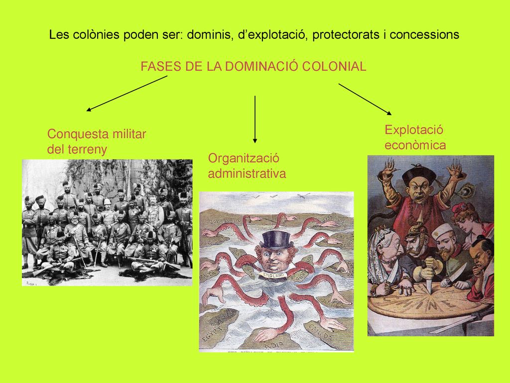 Les colònies poden ser: dominis, d’explotació, protectorats i concessions