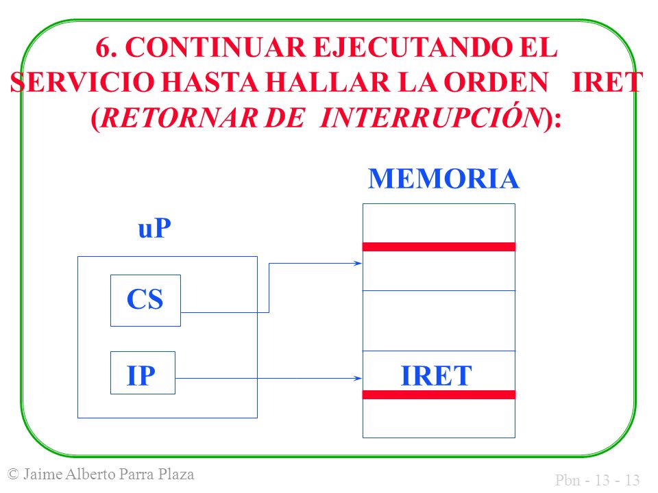 6. CONTINUAR EJECUTANDO EL SERVICIO HASTA HALLAR LA ORDEN IRET (RETORNAR DE INTERRUPCIÓN):