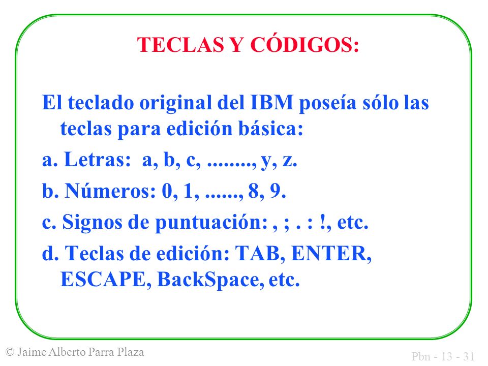 TECLAS Y CÓDIGOS: El teclado original del IBM poseía sólo las teclas para edición básica: a. Letras: a, b, c, , y, z.
