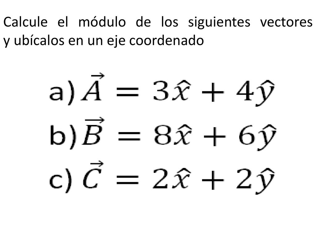 Calcule el módulo de los siguientes vectores y ubícalos en un eje coordenado