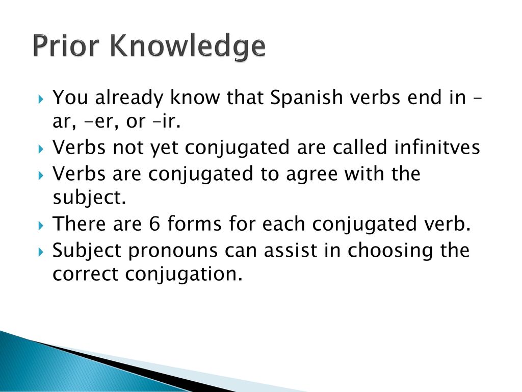 Prior Knowledge You already know that Spanish verbs end in – ar, -er, or –ir. Verbs not yet conjugated are called infinitves.