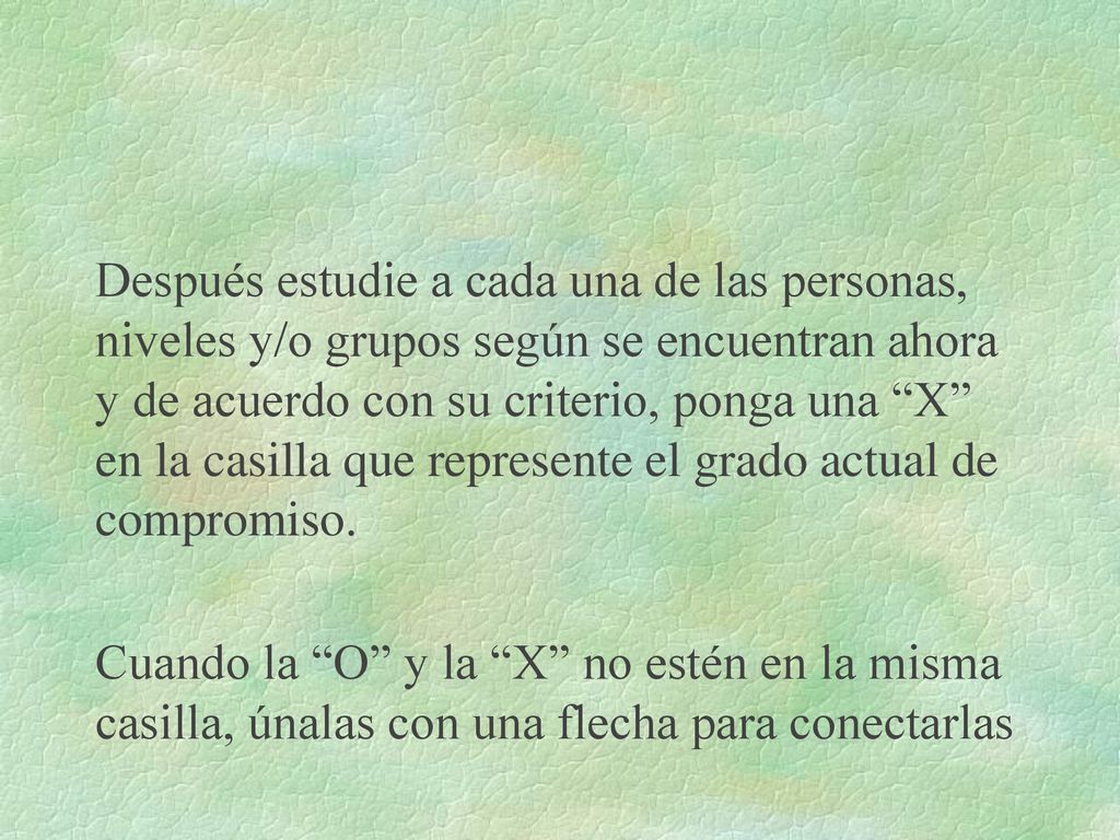 Después estudie a cada una de las personas, niveles y/o grupos según se encuentran ahora y de acuerdo con su criterio, ponga una X en la casilla que represente el grado actual de compromiso.