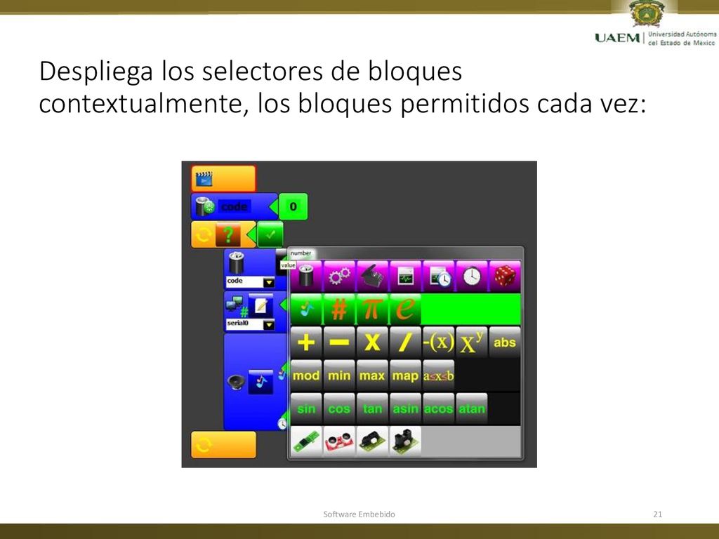 Despliega los selectores de bloques contextualmente, los bloques permitidos cada vez: