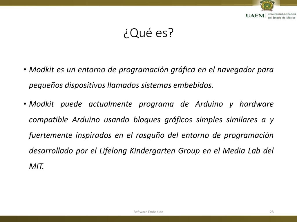 ¿Qué es Modkit es un entorno de programación gráfica en el navegador para pequeños dispositivos llamados sistemas embebidos.