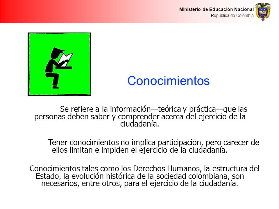 Conocimientos Se refiere a la información—teórica y práctica—que las personas deben saber y comprender acerca del ejercicio de la ciudadanía.