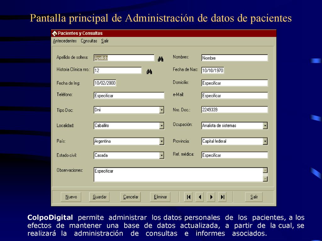 Pantalla principal de Administración de datos de pacientes