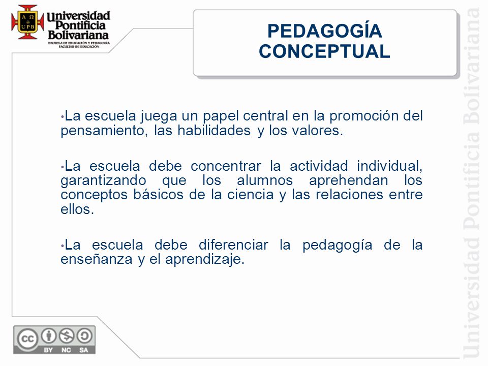 PEDAGOGÍA CONCEPTUAL La escuela juega un papel central en la promoción del pensamiento, las habilidades y los valores.