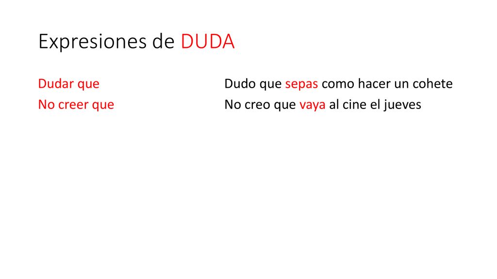 Expresiones de DUDA Dudar que Dudo que sepas como hacer un cohete No creer que No creo que vaya al cine el jueves