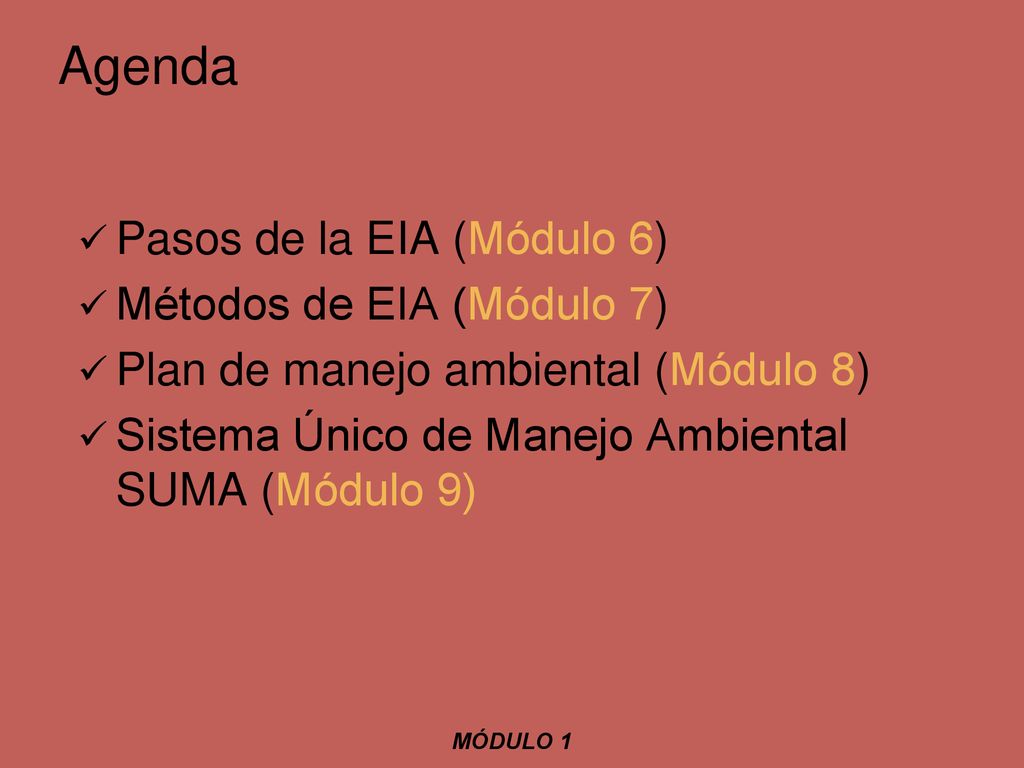 Agenda Pasos de la EIA (Módulo 6) Métodos de EIA (Módulo 7)