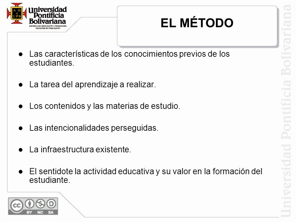 EL MÉTODO Las características de los conocimientos previos de los estudiantes. La tarea del aprendizaje a realizar.